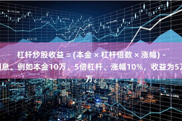 杠杆炒股收益 = (本金 × 杠杆倍数 × 涨幅) - 利息。例如本金10万、5倍杠杆、涨幅10%，收益为5万。